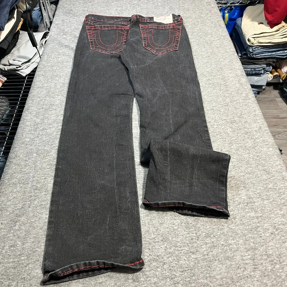 True Religion Ricky Relaxed Straight Black Jeans Red Contrast Stitch 32x34 Mens